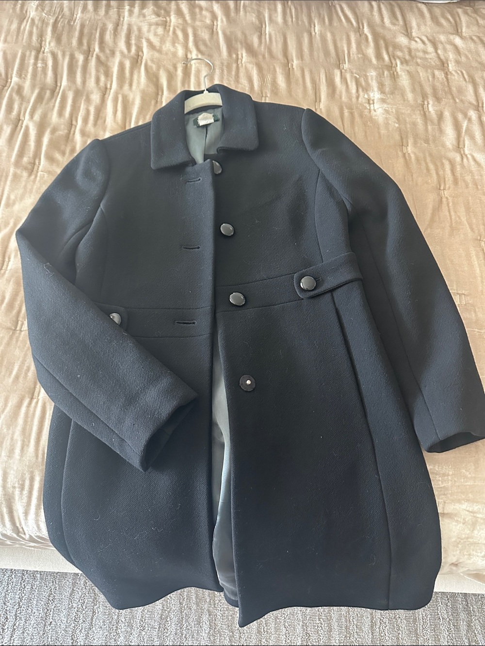 Women’s J Crew Black Wool-Blend Pea Coat with Waist Tabs
